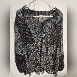 Yvos Black Bohemian Womens Sheer Long Sleeve Blouse